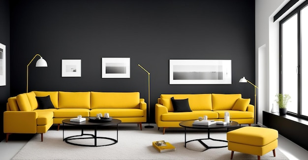 Intérieur minimaliste panoramique canapé jaune murs gris Generative AI