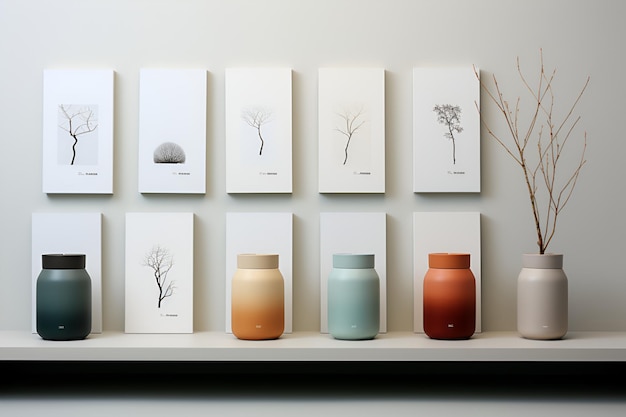 Intérieur minimaliste avec de petites images sur le mur avec des fleurs