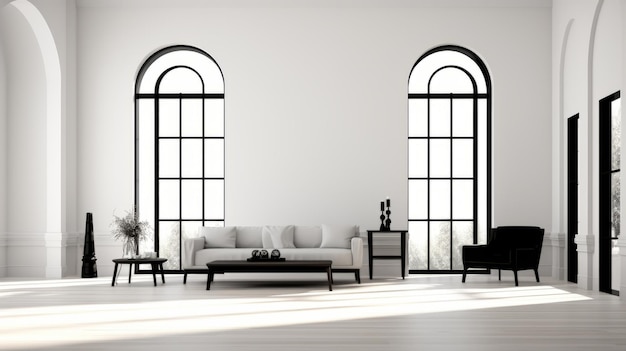 Intérieur minimaliste photo noire et blanche sereine avec des meubles élégants et beaucoup de lumière naturelle