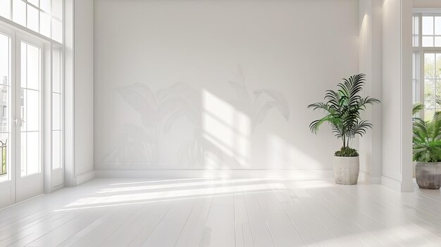 Intérieur minimaliste avec pot de table avec plantes et murs de couleurs claires Vue panoramique