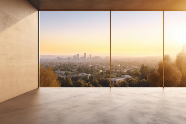 Intérieur moderne en béton avec vue sur la ville et bannière de fenêtre Minimalisme dans la conception