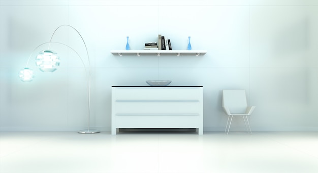 Intérieur moderne blanc bleu avec commode et étagère rendu 3D