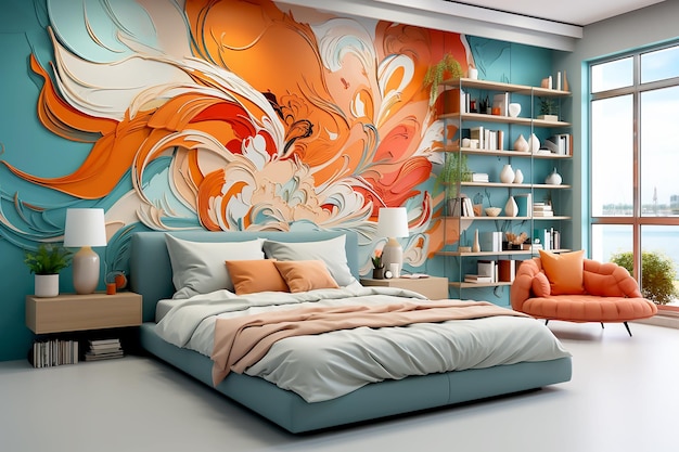 L'intérieur moderne de la chambre à coucher dans les couleurs turquoise et orange