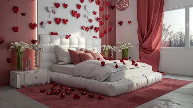 L'intérieur moderne de la chambre à coucher décoré pour la fête de la Saint-Valentin