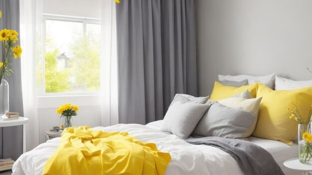 Intérieur moderne d'une chambre à coucher avec un grand lit double en couleurs claires