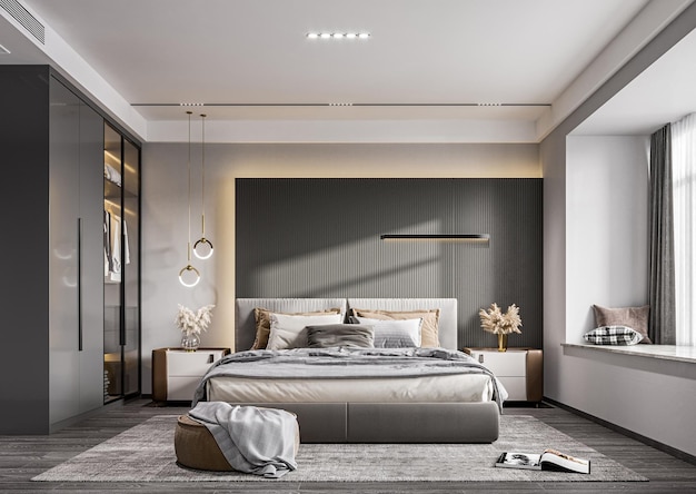 L'intérieur moderne de la chambre à coucher grise