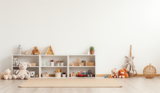 L'intérieur moderne de la chambre d'enfant avec des murs blancs, un sol carrelé, un lit king size confortable et des jouets en bois