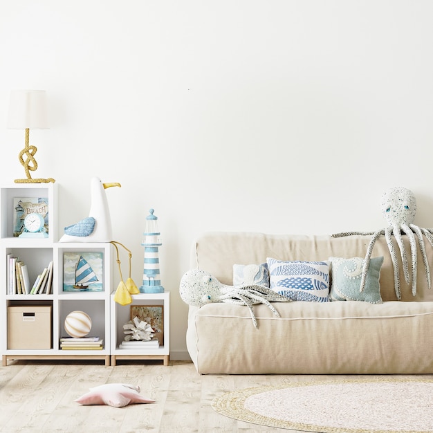 Intérieur moderne de la chambre des enfants, mur blanc vide en rendu 3d