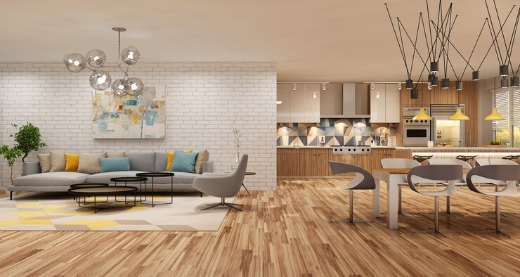 Photo intérieur moderne de cuisine avec salon