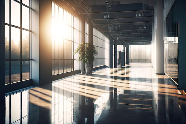 Intérieur moderne dans un agréable immeuble de bureaux vide inondé de lumière du soleil du matin