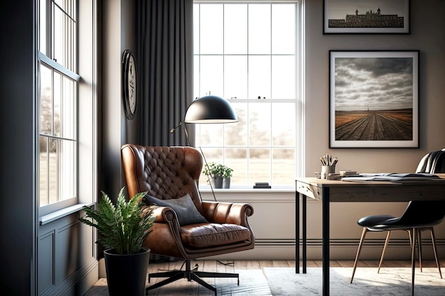 Intérieur moderne dans un bureau à domicile vide avec fauteuil en cuir confortable et table étroite