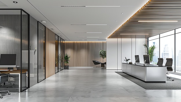L'intérieur moderne du bureau dispose d'une réception élégante avec un mur d'accent en bois et des planchers en marbre.