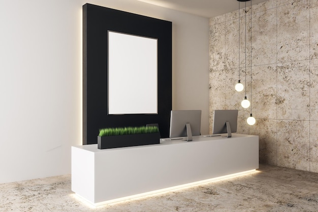 Intérieur moderne du hall de bureau en béton avec bannière vide et équipement sur la réception maquette de rendu 3D