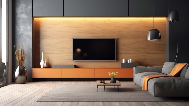 Intérieur moderne du mur de la télévision avec une console en bois et un mur texturé