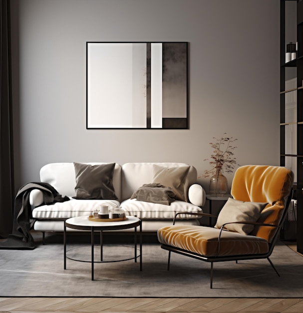 Intérieur moderne du salon avec canapé blanc, fauteuil jaune et table basse noire