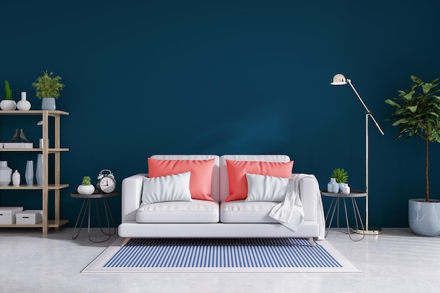 Intérieur moderne du salon canapé blanc avec mur bleu rendu 3D