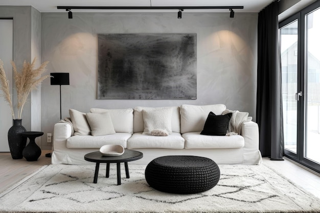 Intérieur moderne du salon avec canapé blanc et table à café noire