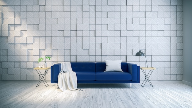 Intérieur moderne du salon, canapé bleu sur un sol blanc et mur de panneaux de bois blanc
