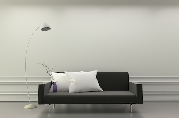 Intérieur moderne du salon - Canapé noir et oreillers et lampe blancs. Rendu 3D