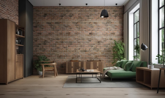 intérieur moderne du salon avec canapé vert plantes mur de brique table à café en bois