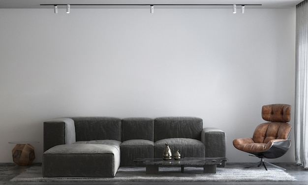 Intérieur moderne du salon avec décoration de canapé noir sur fond de mur blanc vide