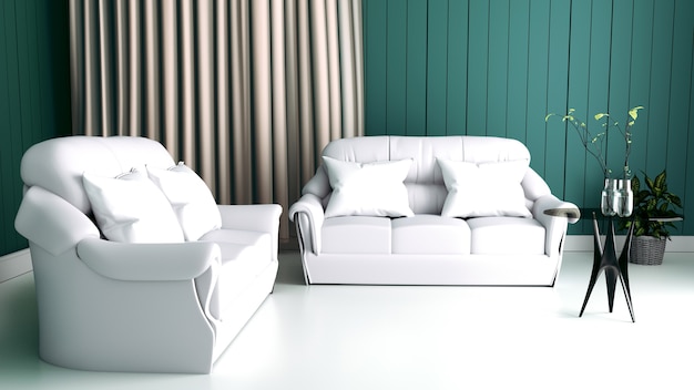 Photo intérieur moderne du salon et du canapé soft sur un mur foncé, rendu 3d