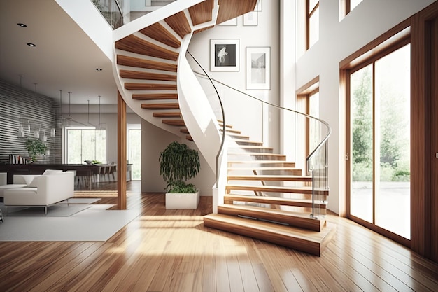 Intérieur moderne avec escalier en bois et parquet clair