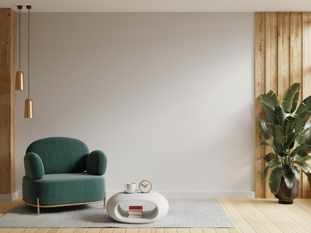 Intérieur moderne de l'espace mural avec fauteuil vert sur une salle blanche vide