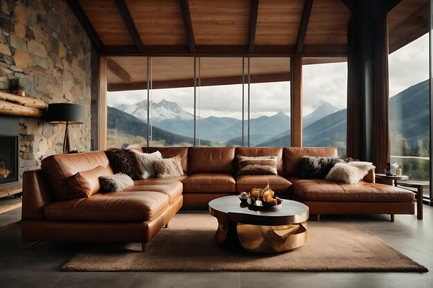 Intérieur moderne d'espace ouvert avec design meubles de canapé modulaires tables de café en bois à carreaux