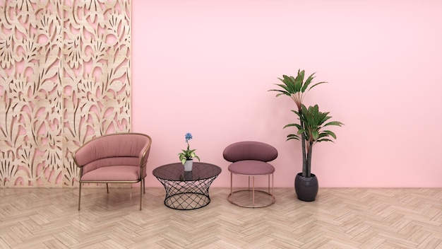 Photo intérieur moderne avec fauteuil en fond de mur rose