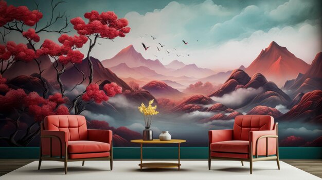 Intérieur moderne avec des fauteuils rouges et une peinture murale de montagne et un arbre avec des fleurs rouges Intérieur paisible