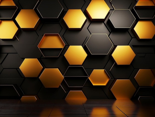 Intérieur moderne de luxe avec forme géométrique hexagonale transparente dorée et noire