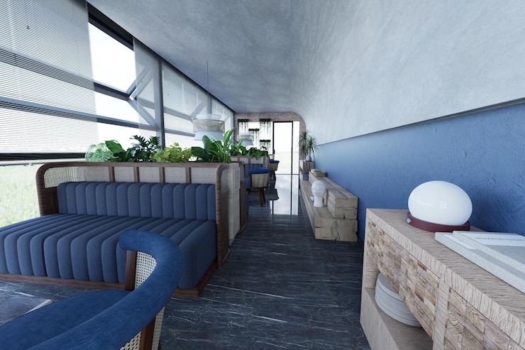 Photo l'intérieur moderne d'un restaurant avec des meubles bleus et de la lumière naturelle