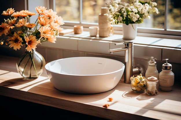 Intérieur moderne d'une salle de bain avec une baignoire blanche