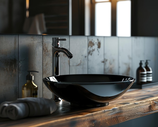 L'intérieur moderne de la salle de bain avec un évier noir élégant et un robinet sur comptoir en bois