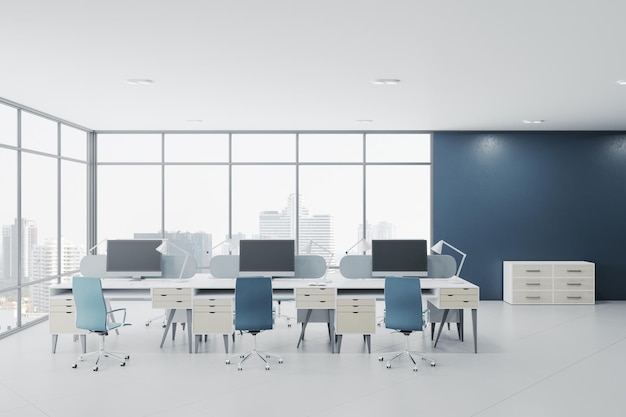 Intérieur moderne de la salle de bureau de coworking en béton avec fenêtre panoramique avec vue sur la ville lumière du jour et mobilier rendu 3D