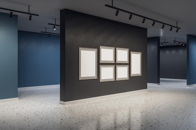 Intérieur moderne de la salle d'exposition en béton avec des affiches maquettes blanches vides sur le mur Concept d'art et de musée Rendu 3D