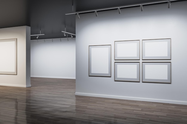 Intérieur moderne de la salle d'exposition en béton avec des cadres de maquette blancs vierges sur le mur et le parquet avec des reflets Concept d'art et de musée Rendu 3D