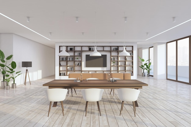 Intérieur moderne de salle à manger en béton et en bois avec mobilier et rendu 3D à la lumière du jour