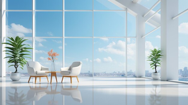 Photo intérieur moderne spacieux avec de grandes fenêtres surplombant le paysage urbain meublé