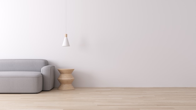 Intérieur Moderne De Vie Avec Canapé En Tissu Gris Sur Plancher En Bois Et Mur Blanc, Style Minimaliste, Rendu 3d