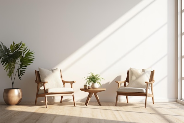 Intérieur moderniste avec des chaises en bois et un cadre vierge