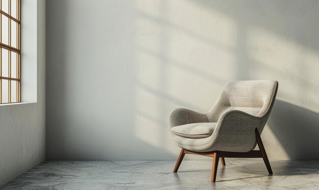 Intérieur moderniste avec un fauteuil sur un fond de mur blanc vide