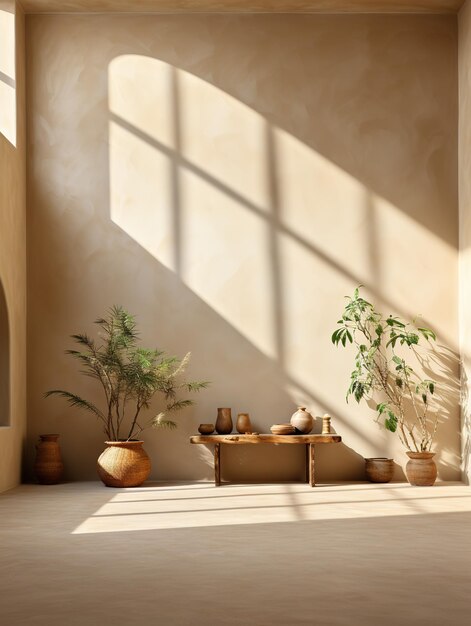 Intérieur moderniste avec une plante et une étagère sur l'ombre lumineuse sur un mur vide de couleur beige b