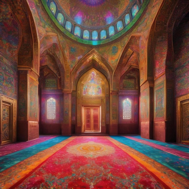 L'intérieur d'une mosquée brille de couleurs vives grâce à l'éclairage