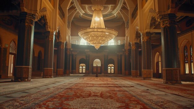 l'intérieur d'une mosquée avec un grand tapis et un grand lustre suspendu au plafond