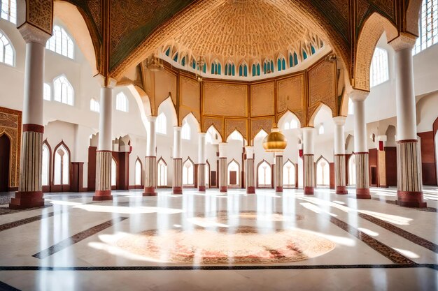 L'intérieur d'une mosquée avec une grande fenêtre et un dôme doré avec un dessin du soleil brillant à travers les fenêtres.