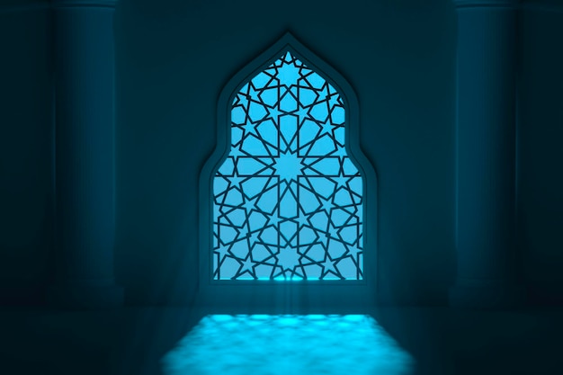 Photo intérieur de la mosquée islamique dans le rendu 3d moonlight shine