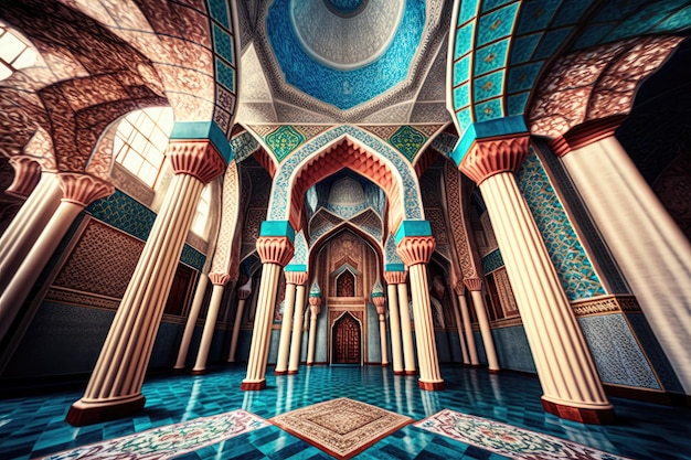 Intérieur de la mosquée musulmane dans un style coloré de conception traditionnelle avec des ornements arabes générés par l'IA