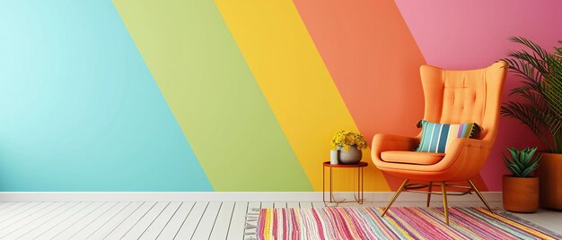 Photo intérieur avec mur à rayures colorées et chaise de conception